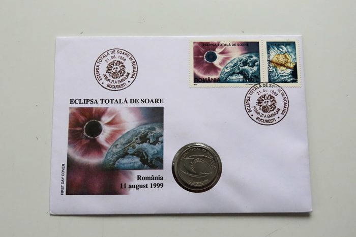 Total eclipse of the Sun first day coin stamp cover, 11 AUGUST 1999 Romania