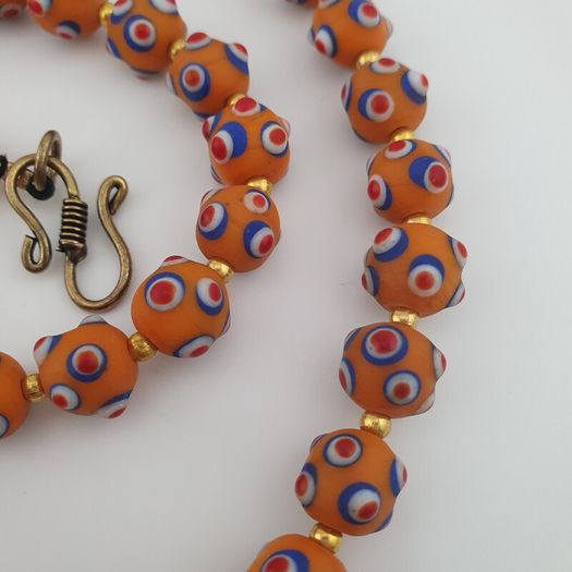 Antique Venetian Style Skunk Eyes Orange Glass Beads Necklace