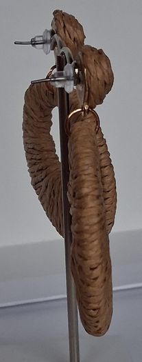 Coffee Beige Raffia Woven Stud Hollow Out Woven Hoop Earrings