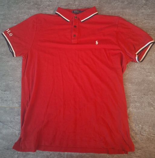 Polo Ralph Lauren Men's L Polo Shirt Red White Tipped Big Sleeve Logo Custom Fit