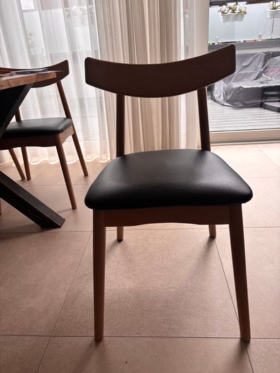6 JYSK LYNGHOLM dining chairs: solid oak & black faux leather