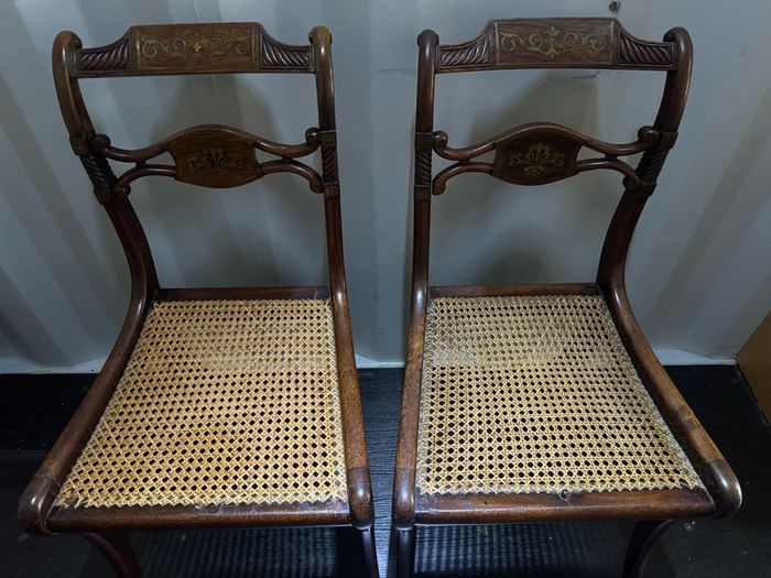 A Rare Pair of Regency Cut-Brass & Rosewood Side Chairs (c. 1820) - Celebrating 200 Years of Craftsmanship