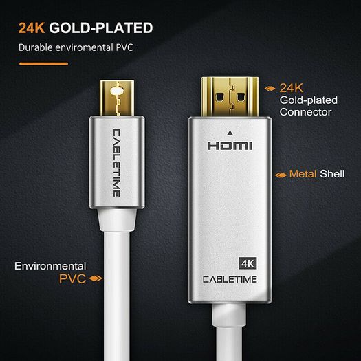 Cabletime 2M Mini DisplayPort to HDMI 4K@60Hz Male (Video-Audio) TV (Gold-Plated) Cable (Brand New/Warranty)
