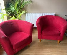 Pair of Red Upholstered Armchairs / Tub Chairs