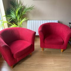 Pair of Red Upholstered Armchairs / Tub Chairs