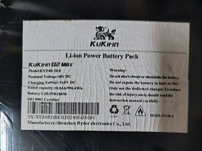 Kukirin G2 Max escooter battery 48V 20.8Ah