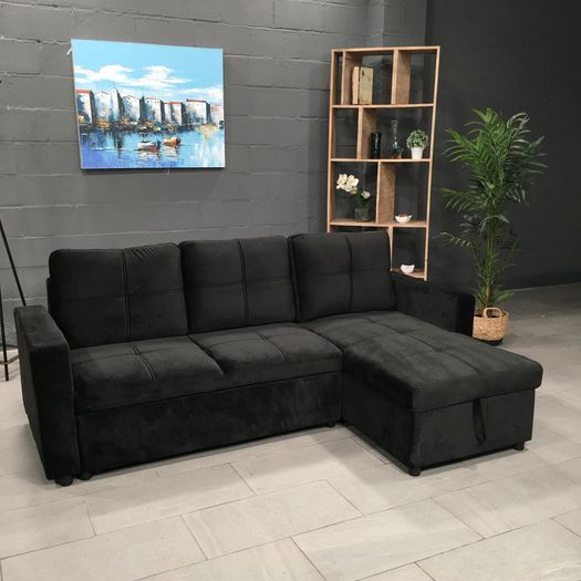 Black Velvet corner sofa bed with storage