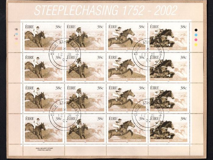 2002 Ireland 250th Anniversary of Irish Horse Steeplechasers Commemorative Stamp Sheetlet Plate 1B1B1B1B Fine Used with Dublin CDS cancel of 12th March 2002 (Frist day of issued) on envelope extract.