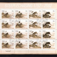 2002 Ireland 250th Anniversary of Irish Horse Steeplechasers Commemorative Stamp Sheetlet Plate 1B1B1B1B Fine Used with Dublin CDS cancel of 12th March 2002 (Frist day of issued) on envelope extract.