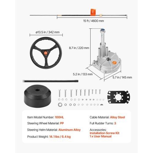 Outboard Steering System 15\' Outboard Steering System 15 Feet Boat Steering Cable with 13\" Wheel Durable Marine Steering System