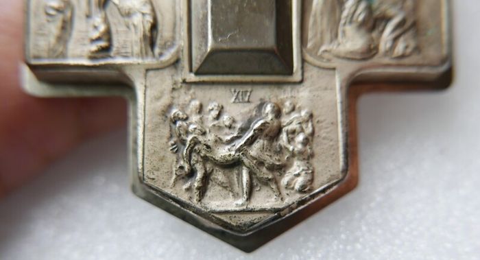 Vintage Wall Crucifix Featuring Embossed Plaques Depicting the 14 Stations of the Cross