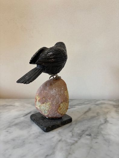 Hand-Carved Gemstone Blackbird on Crystal Geode Base