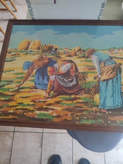 French Vintage Embroidery Picture in a wooden Frame - Women working in the Fields-70s