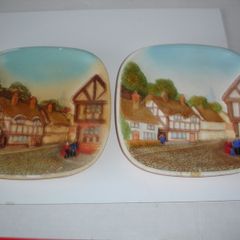 Pair of Vintage Legends England 3D Chalkware Old English Village  Plaque Wall Art
