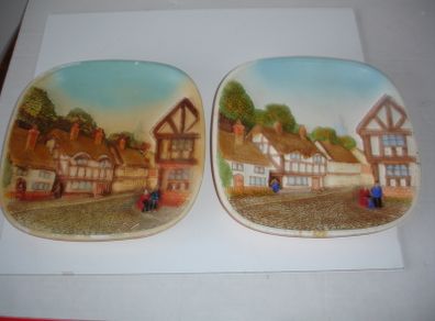 Pair of Vintage Legends England 3D Chalkware Old English Village  Plaque Wall Art