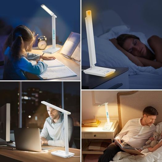 LED Desk Lamp with Wireless Charger & USB Charging Port, 5 Colors 5 Brightness Dimmable Eye-Caring Table Lamp with Night Light, LCD Screen Clock Temperature Timer Touch Control Bedside Lam
