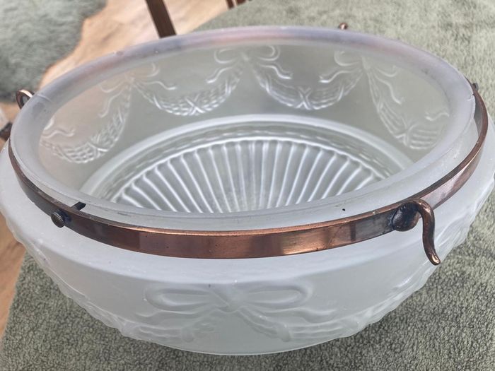 Vintage Art Deco Fluted White Opaque Glass and Copper Ceiling Light