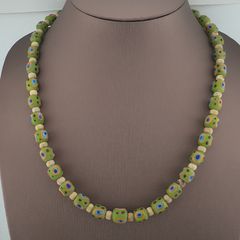 Antique Venetian Style Gabri Eyes Green Glass & Bone Beads Necklace