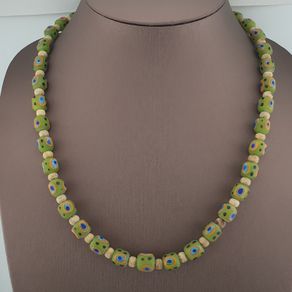 Antique Venetian Style Gabri Eyes Green Glass & Bone Beads Necklace