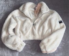 Oh Polly Size M Cream Teddy Fleece Quarter Zip Crop Top BNWT
