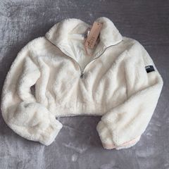 Oh Polly Size M Cream Teddy Fleece Quarter Zip Crop Top BNWT