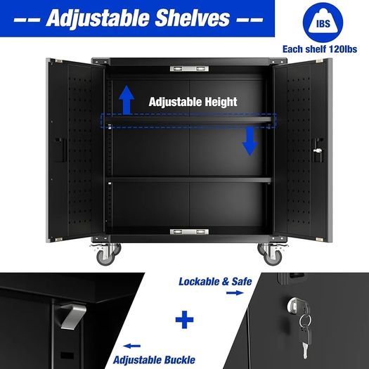 Metal Storage Cabinet with Wheels, Rolling Storage Cabinet with 2 Doors and Adjustable Shelves, Pegboard and 4 Hooks, Suitable for Garage, Home, Office, School, Black