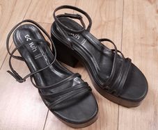 Schuh Black Vegan Leather Strappy Platform Block Heel Sandals 6UK/39EU