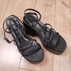 Schuh Black Vegan Leather Strappy Platform Block Heel Sandals 6UK/39EU