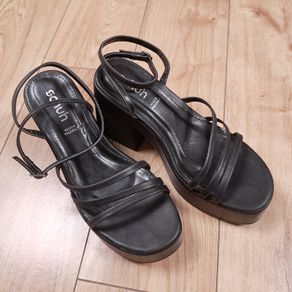 Schuh Black Vegan Leather Strappy Platform Block Heel Sandals 6UK/39EU