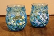 Pair Of Fenton Style  Blue  Glass  Ruffled  Vase With Hand Painted Floral Design