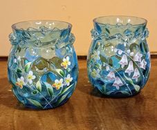 Pair Of Fenton Style  Blue  Glass  Ruffled  Vase With Hand Painted Floral Design