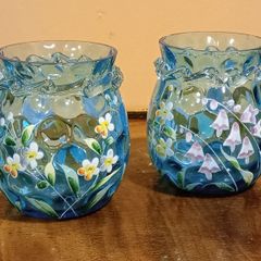 Pair Of Fenton Style  Blue  Glass  Ruffled  Vase With Hand Painted Floral Design