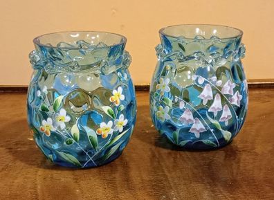 Pair Of Fenton Style  Blue  Glass  Ruffled  Vase With Hand Painted Floral Design