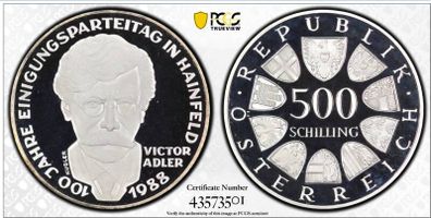 Austria Vienna 1988 Silver Proof 50 Schilling Victor Adler PCGS PR68DCAM