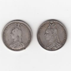 1 x 1887 ,and  1x 1889 (holed) 1/-, 92.5% Silver coins (no 339)