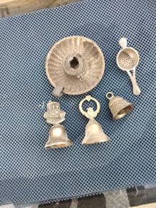 Old brass bells & candle holder & tea strainer