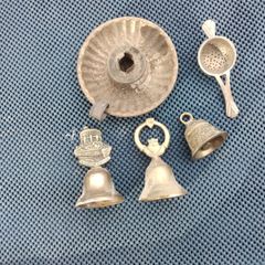 Old brass bells & candle holder & tea strainer