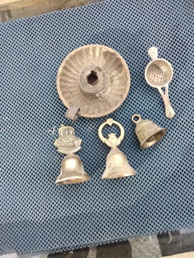 Old brass bells & candle holder & tea strainer