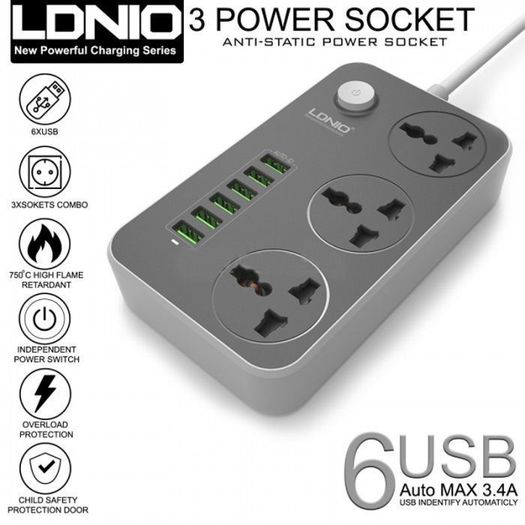New Power Strip with 3 AC Sockets + 6 USB Ports