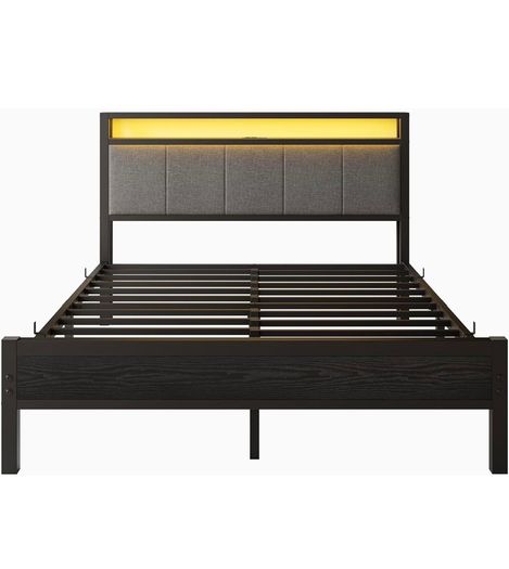 5FT King Size Bed Frame with Storage Headboard, Black Metal King Bed with Upholstered Headboard, LED Lights and Charging Station, Heavy Duty Metal Slats Support,Easy Assembly