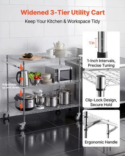 Kitchen Utility Cart 3 Tier Heavy Duty Adjustable Wire Storage Rack