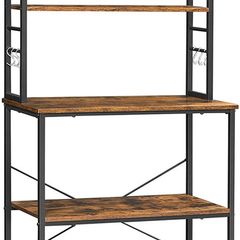 kitchen shelf, standing shelf with shelves, with 6 hooks and metal frame, industrial design, for microwave, cooking utensils, 80 x 40 x 167 cm, vintage brown-black