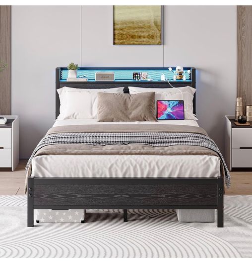 King Size Bed Frame with Storage,LED Lights,5ft Metal Bed Frame Kingsize Bed Frame with Charging Station,Mattress Foundation,Strong Steel Slats Support,Noise Free,Black