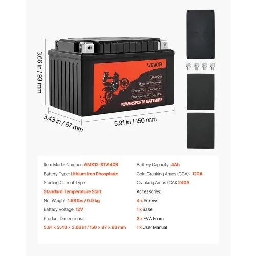 12 Volt 4Ah, LiFePO4 Lithium Pre-Charged Powersports Battery, Maintenance Free & High Performance, Compatible with ATV, Motorcycle, Jet Skis, Scooter, UTV, and More