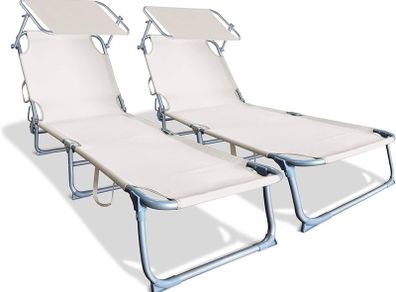 NEW SALE | Folding Sun Loungers Set of 2, Sunbed with Adjustable Backrest & Sunshade for Garden, Beach, Patio, Pool, Camp, Load 110 kg
