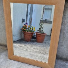 Large Rectangular Light-Wood Framed Wall Mirror