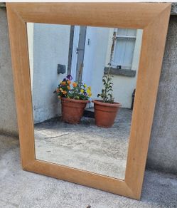 Large Rectangular Light-Wood Framed Wall Mirror