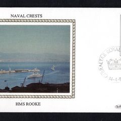 1982 Gibraltar Benham Silke Cover showing Naval Crest HMS Rooke tying 60p HMS Rooke commemorative stamp