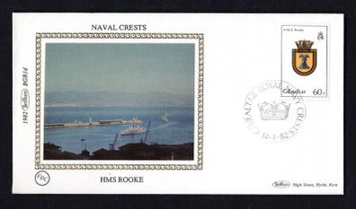 1982 Gibraltar Benham Silke Cover showing Naval Crest HMS Rooke tying 60p HMS Rooke commemorative stamp