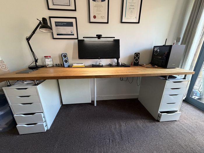 Large wooden desk with Ikea Alex drawers